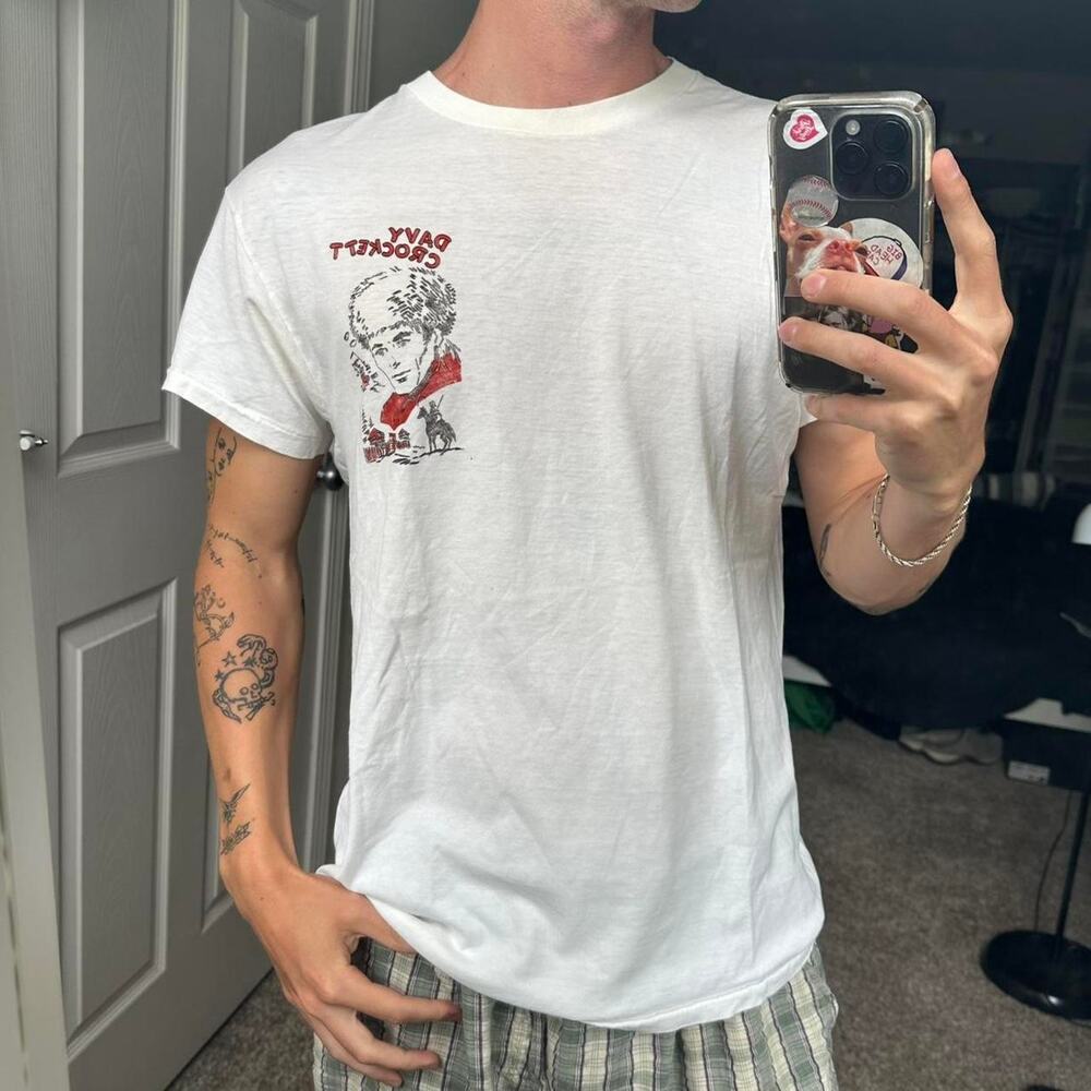 Rare Vintage 60s 70s Davey Crockett White Graphic Shirt Top